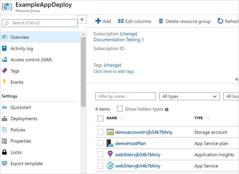 Screenshot of the Azure portal displaying the deployed resources in a resource group.