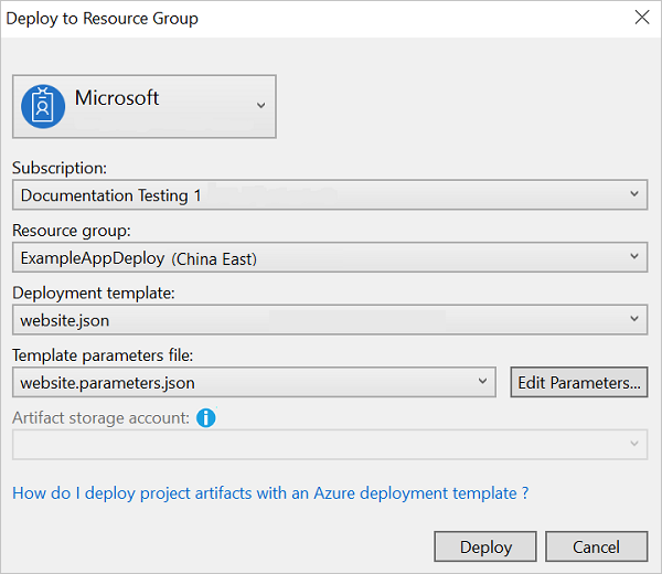 Screenshot of the Deploy to Resource Group dialog box in Visual Studio.