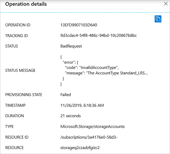 Screenshot of failed deployment's operation details.