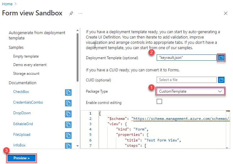 Screenshot of Azure portal form view sandbox interface.