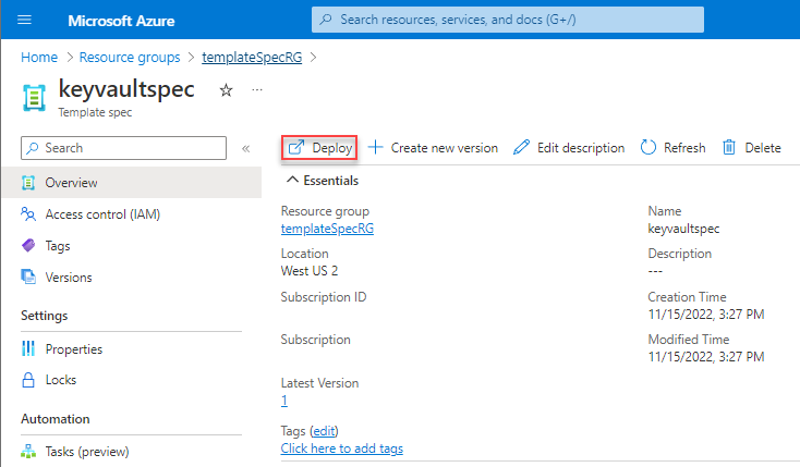 Screenshot of Azure template spec overview with deploy option highlighted.
