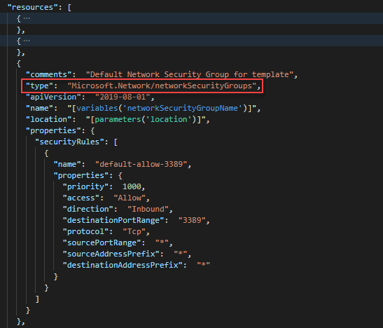 Screenshot of Visual Studio Code showing the network security group definition in an ARM template.
