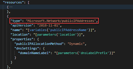 Screenshot of Visual Studio Code showing the public IP address definition in an ARM template.