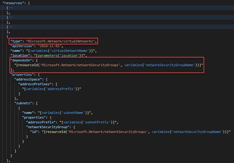 Screenshot of Visual Studio Code showing the virtual network definition with dependsOn element in an ARM template.
