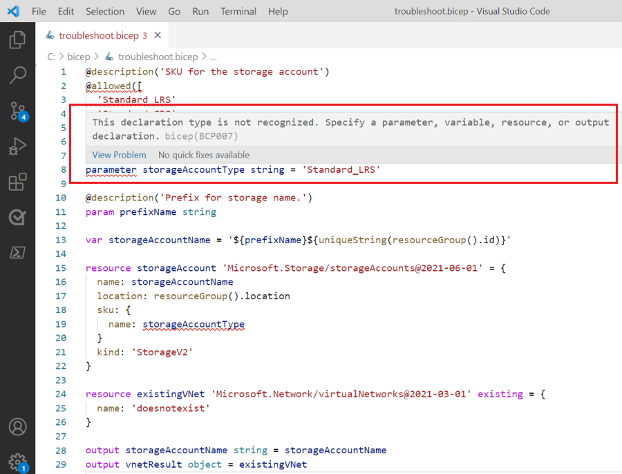 Screenshot of error message in Visual Studio Code.