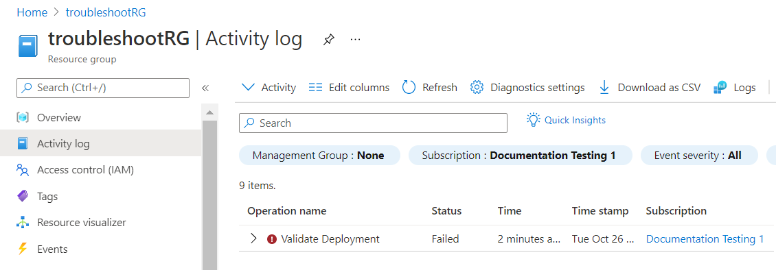 Screenshot of activity log with error.