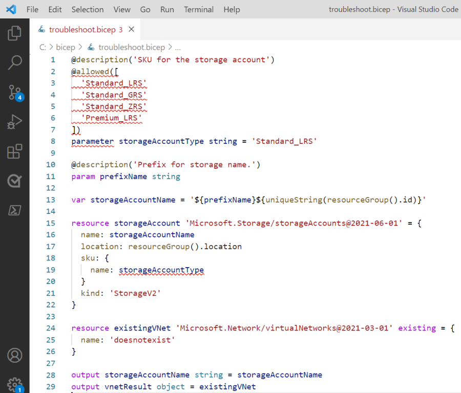 Screenshot of Visual Studio Code showing error in syntax.