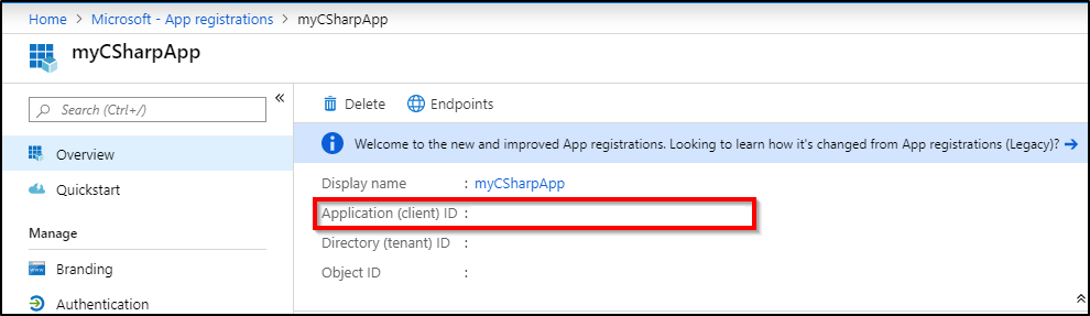 Screenshot of the Azure portal that shows the App ID.