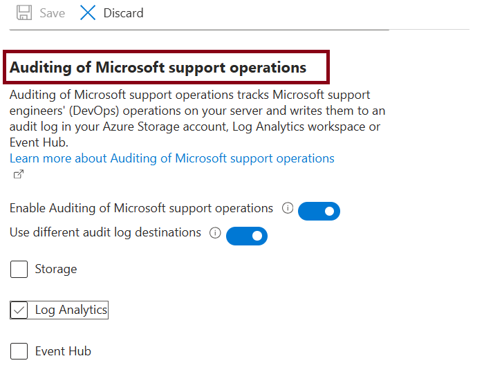Screenshot of the Azure portal showing the Auditing page with Enable Auditing of Microsoft support operations toggle highlighted.