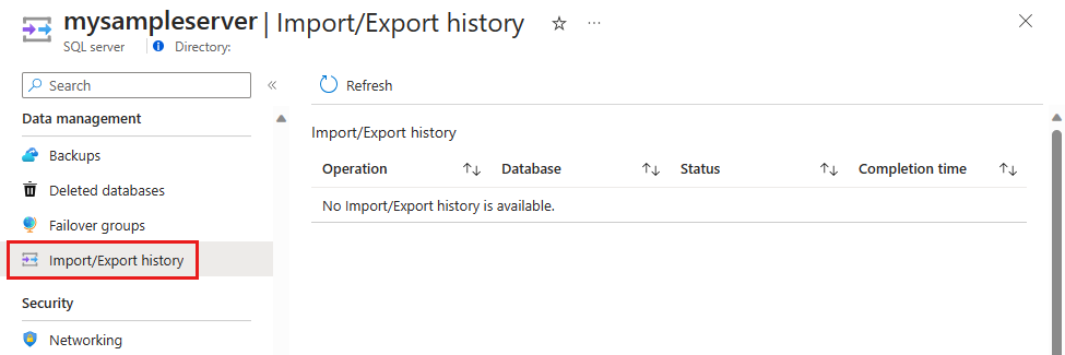 Screenshot of the Azure portal, server overview page, showing the database import status.
