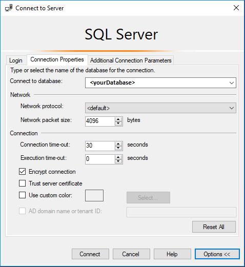 Screenshot of the options tab of the connect to server dialog box in SQL Server Management Studio (SSMS).