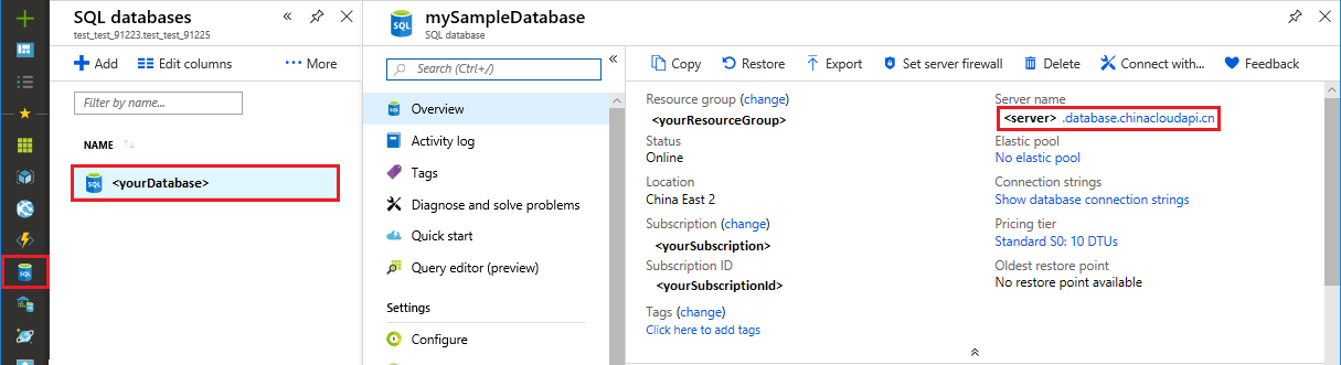 Screenshot of the Azure portal, database overview page with the server name highlighted.