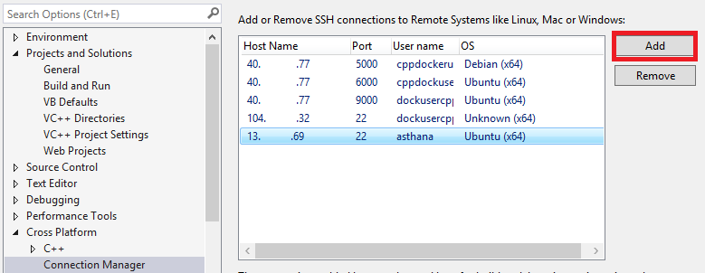 Screenshot from Tools Options to create and remove SSH connections.