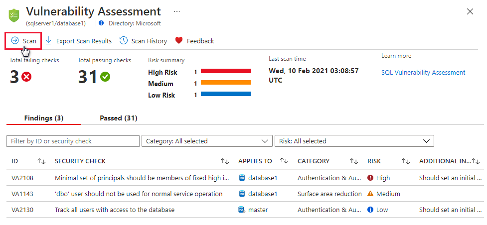 Select scan to run an on-demand vulnerability assessment scan of your SQL resource