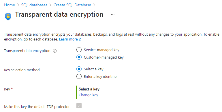 Screenshot of configuring TDE for the server in Azure SQL.