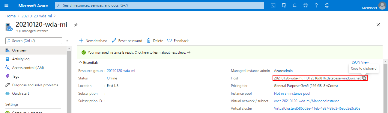 Screenshot of the Overview page for the instance in the Azure portal with the hostname selected.