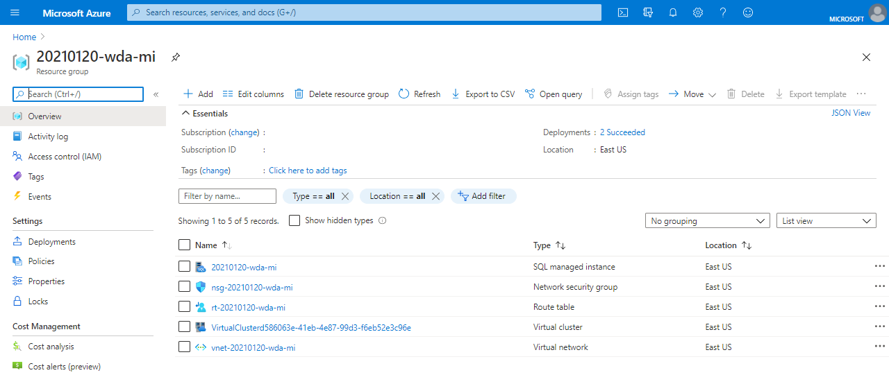 Screenshot of the SQL Managed Instance resources in the Azure portal.