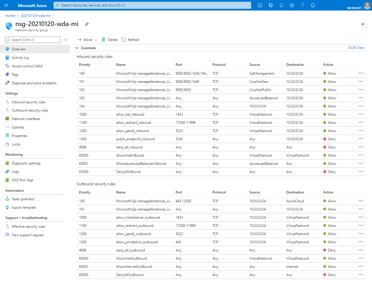 Screenshot of the Security rules for your instance in the Azure portal.