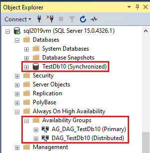 Screenshot that shows the state of the SQL Server database and distributed availability group in SSMS.