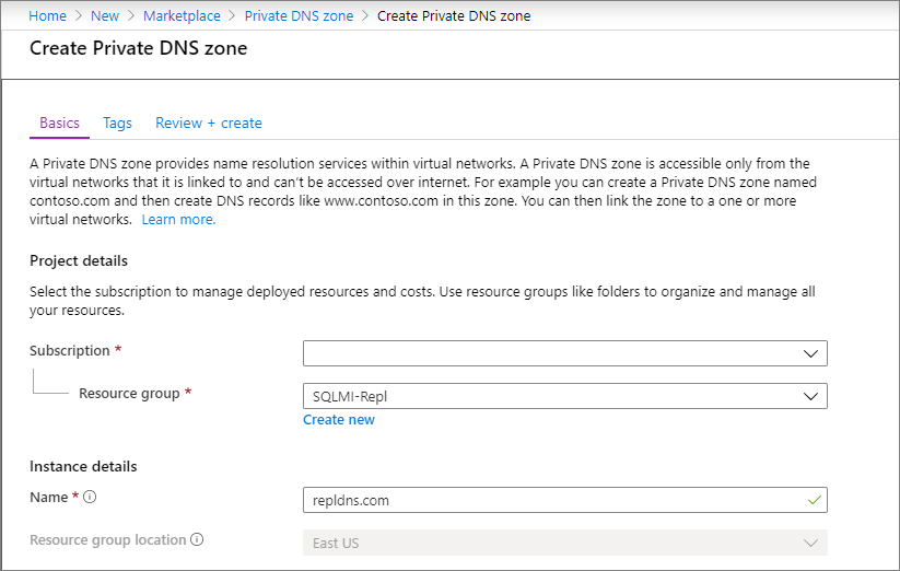 Screenshot showing the Create private DNS zone in the Azure portal.