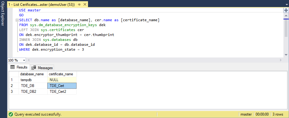 Screenshot in SSMS showing a List of TDE certificates.