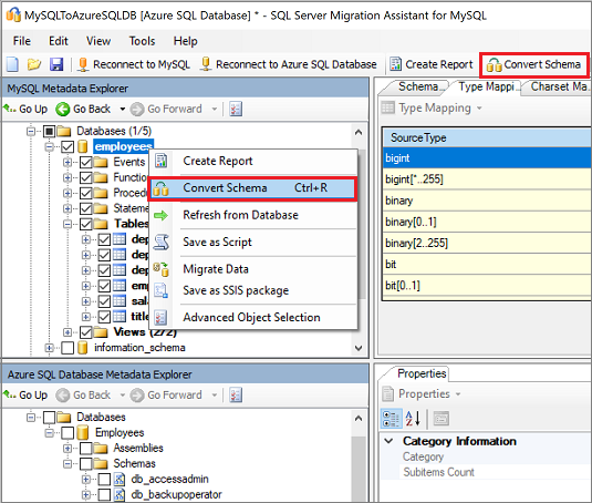 Screenshot of the "Convert Schema" command on the "MySQL Metadata Explorer" pane.