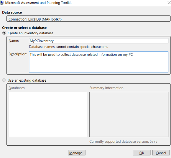 Screenshot that shows the interface for creating an inventory database.