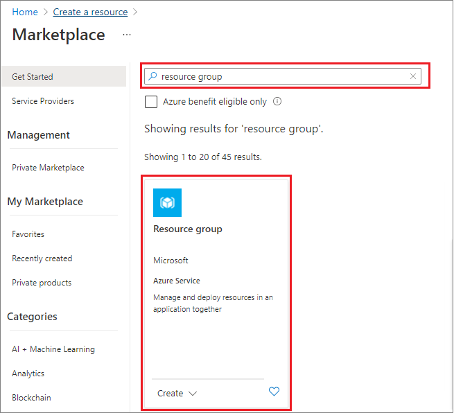 Screenshot of the resource group tile in Azure Marketplace.