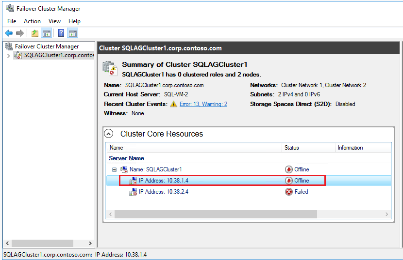 Screenshot of the Cluster Properties in failover cluster manager showing a failed IP address resource.