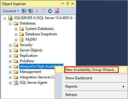 Screenshot of selecting the New Availability Group Wizard in the right-click menu of SSMS.