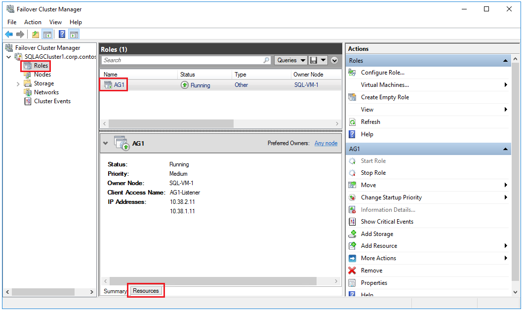 Screenshot of the Failover Cluster Manager showing the availability group.