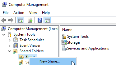 Screenshot that shows selections for creating a new share in Computer Management.