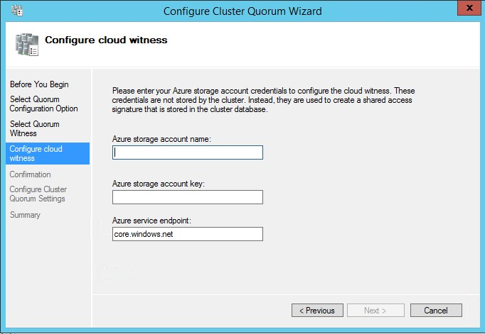 Screenshot showing the Cloud Witness configuration pane in the Cluster Quorum wizard.