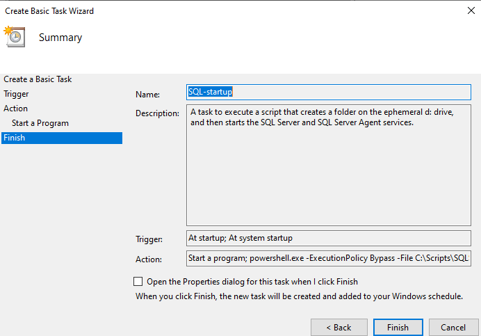 Screenshot of the Task Scheduler, Create a Basic Task window, showing where to enter the script path.