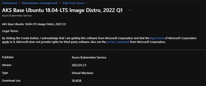 Screenshot of portal showing adding the AKS Base Image - Linux.