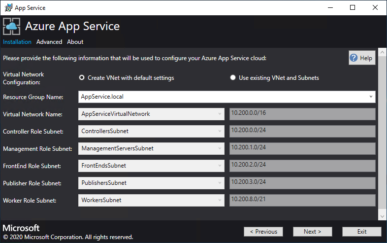Virtual network and subnet info in Azure App Service Installer
