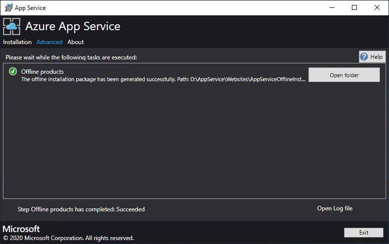 Offline installation package generated successfully in Azure App Service Installer