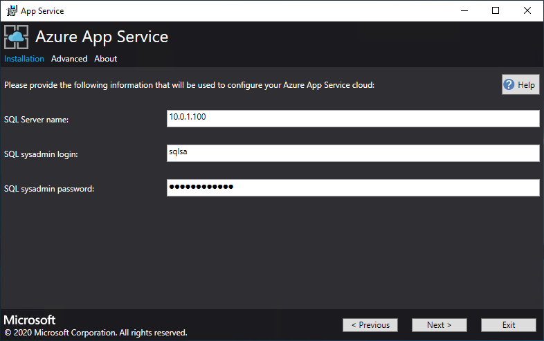 Screenshot that shows the screen where you provide the connection details for SQL Server in the App Service Installer