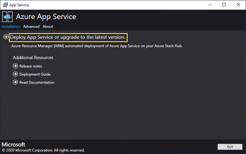 Screenshot that shows how to start the deployment or upgrade process in the App Service installer.