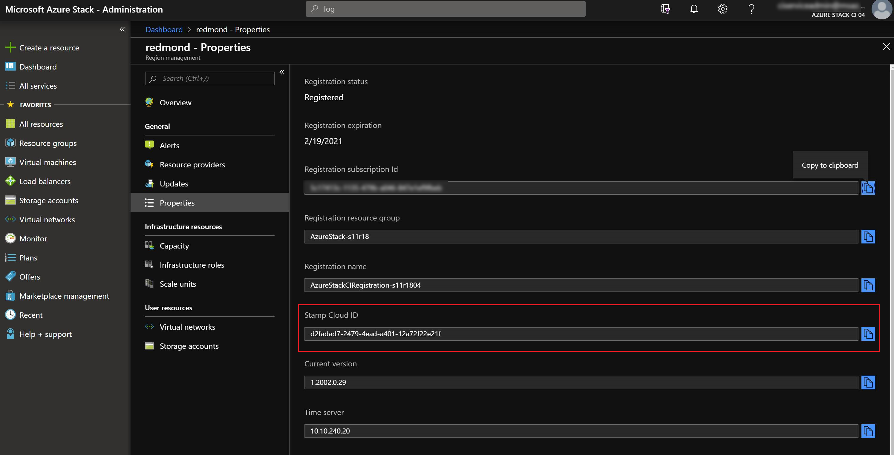 Screenshot of Region properties with Stamp Cloud ID