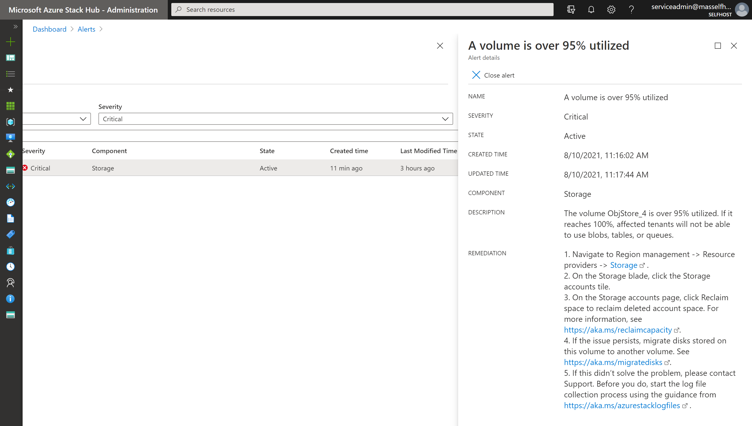 Example: Screenshot of viewing alert details in the Azure Stack Hub administrator portal