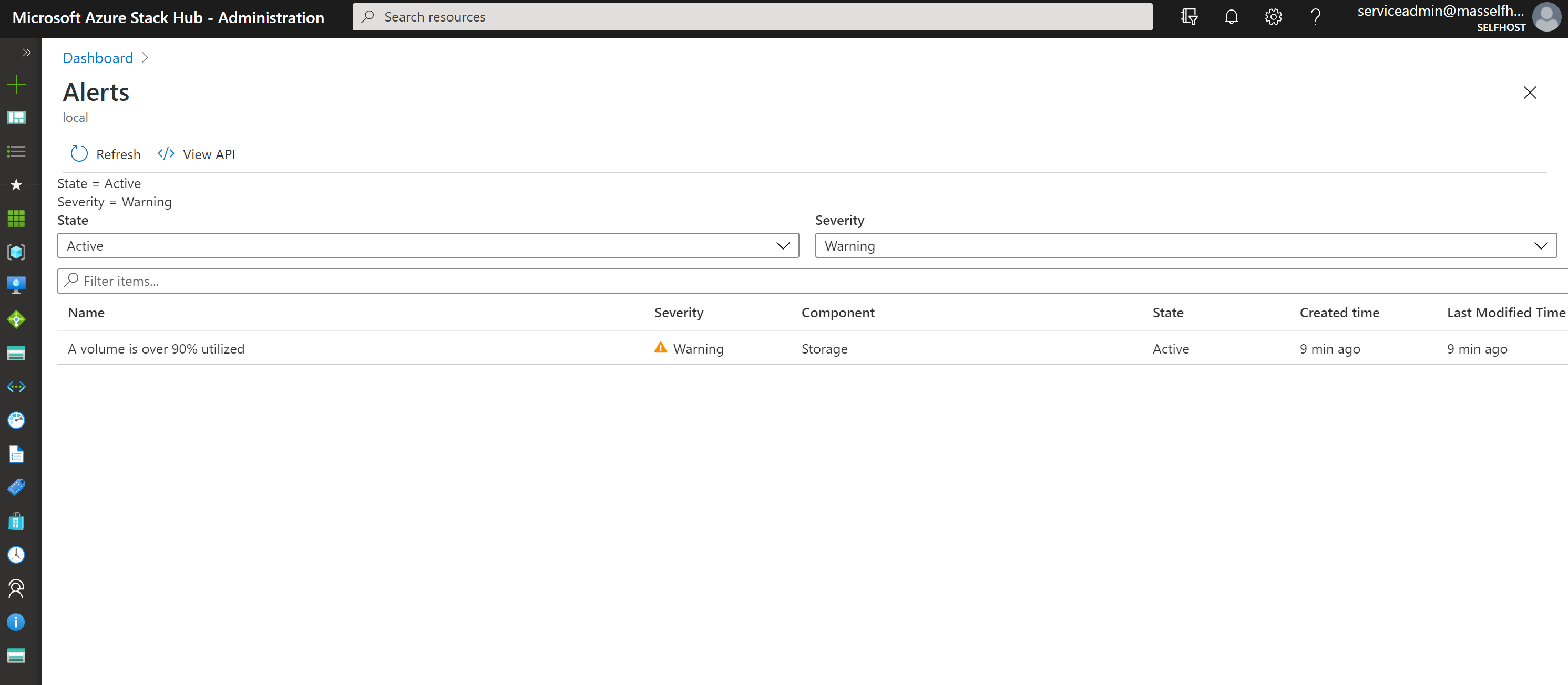 Example: Screenshot of warning alert in the Azure Stack Hub administrator portal