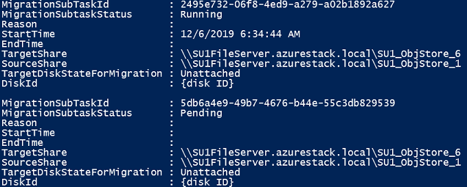 Example: Migration sub task status