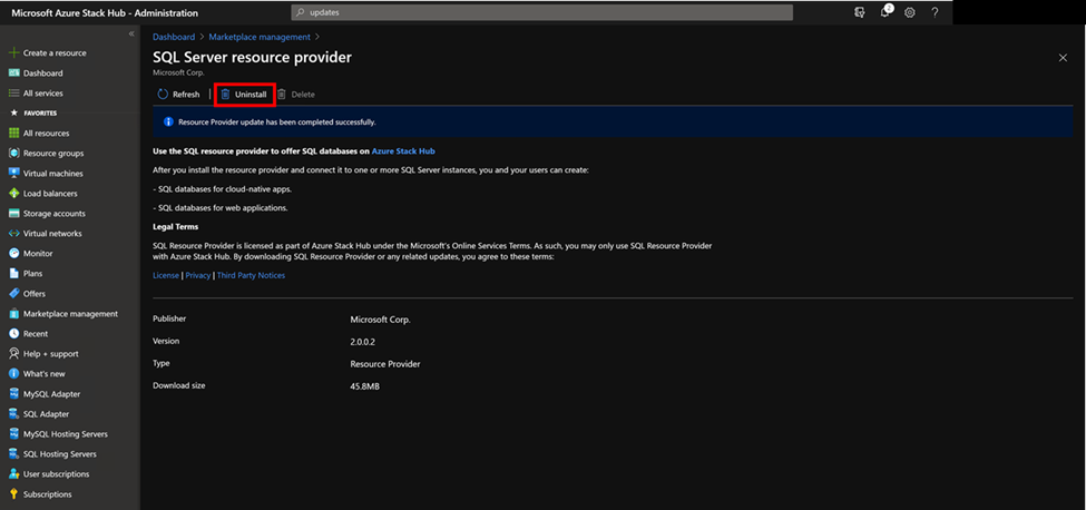 Select Uninstall in the Marketplace