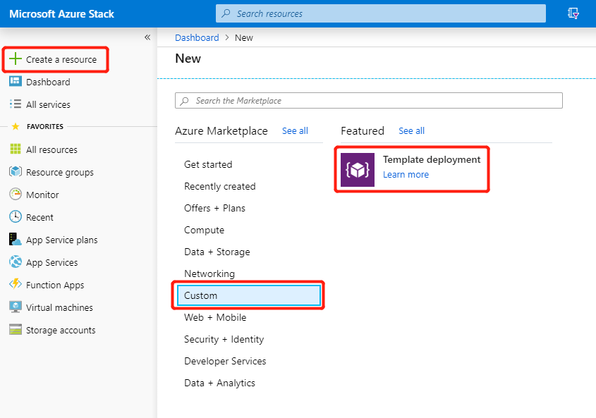 Custom template deployment in Azure Stack Hub administrator portal