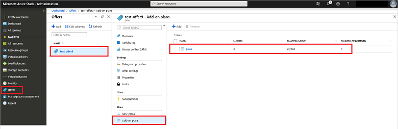 Screenshot that shows a list of add-on plans to review in Azure Stack administrator portal.