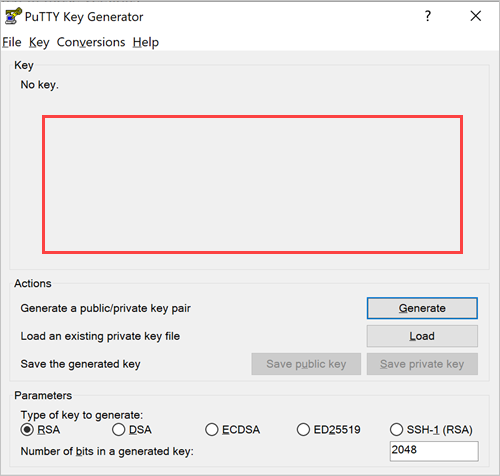 PuTTY Key Generator with a blank Key box