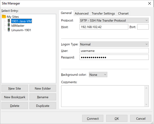 The FileZilla Site Manager pane