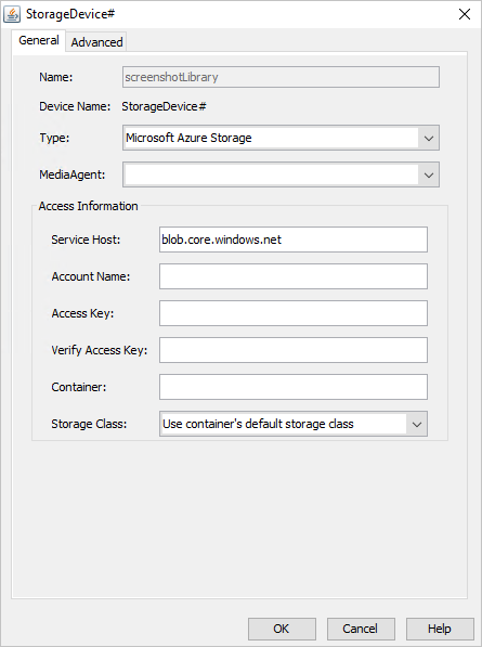 The StorageDevice# dialog box displays the General tabbed page, with various list and text boxes for specifying the storage device to be created.