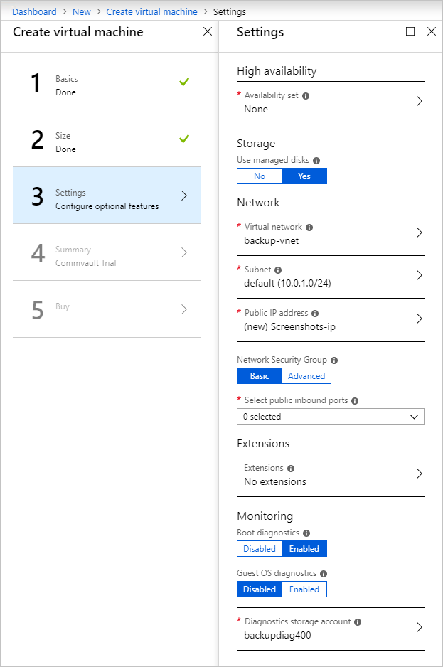 The "Dashboard > New > Create virtual machine > Settings" dialog box shows the settings to be used to create the virtual machine.